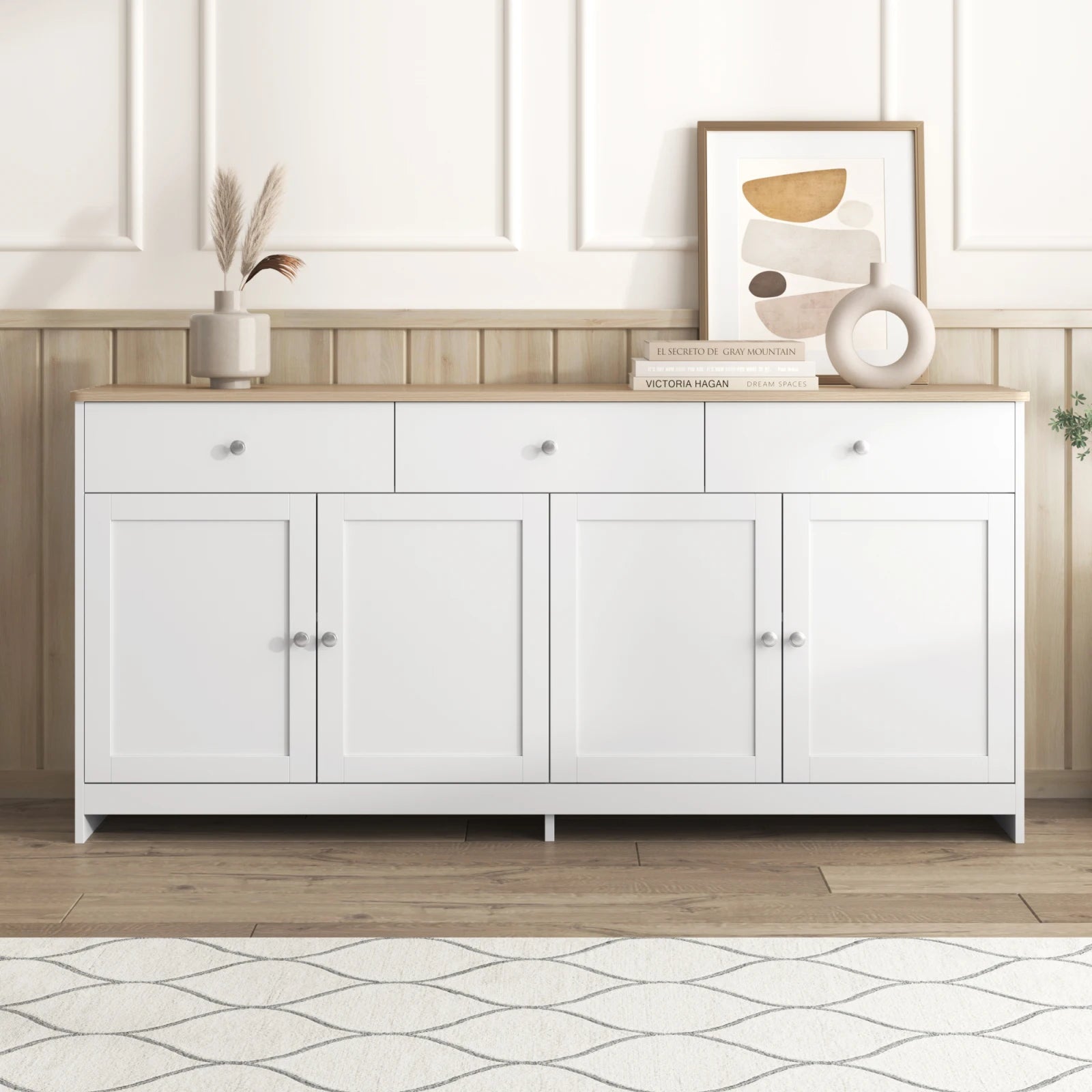 Anajqaqia Sideboard, Storage Cabinet, Multifunctional Cabinet with 4 Doors and 3 Drawers, Suitable for Living Room, White