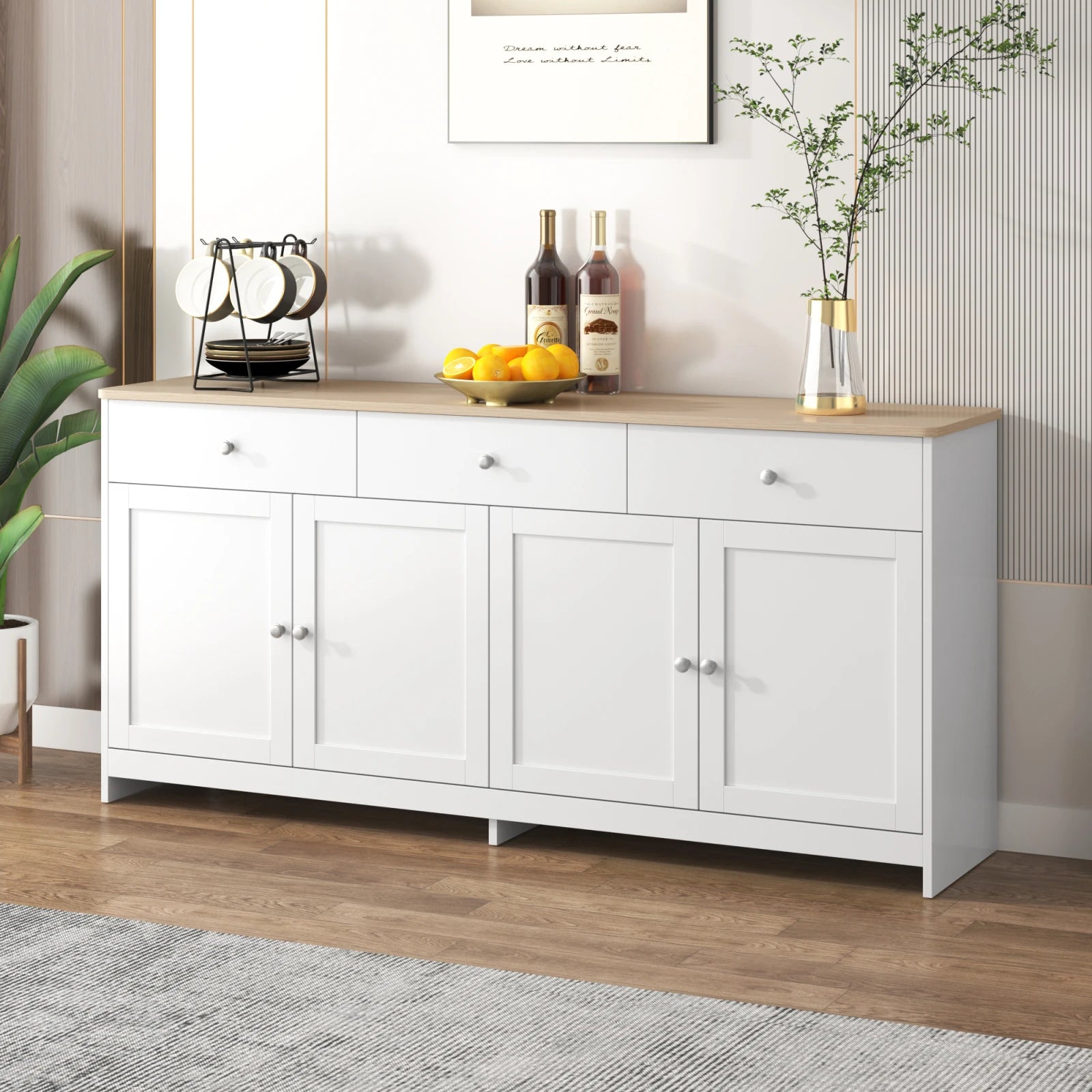Anajqaqia Sideboard, Storage Cabinet, Multifunctional Cabinet with 4 Doors and 3 Drawers, Suitable for Living Room, White
