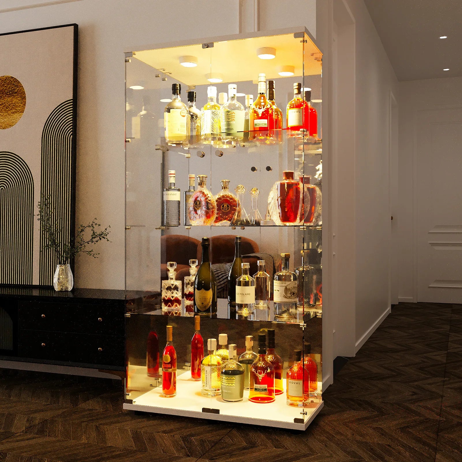 Comanlai 4-Layer Glass Display Cabinet,with LED Lighting, Lock and 2 Doors,Collector's Display Case,for Living Room and Bedroom