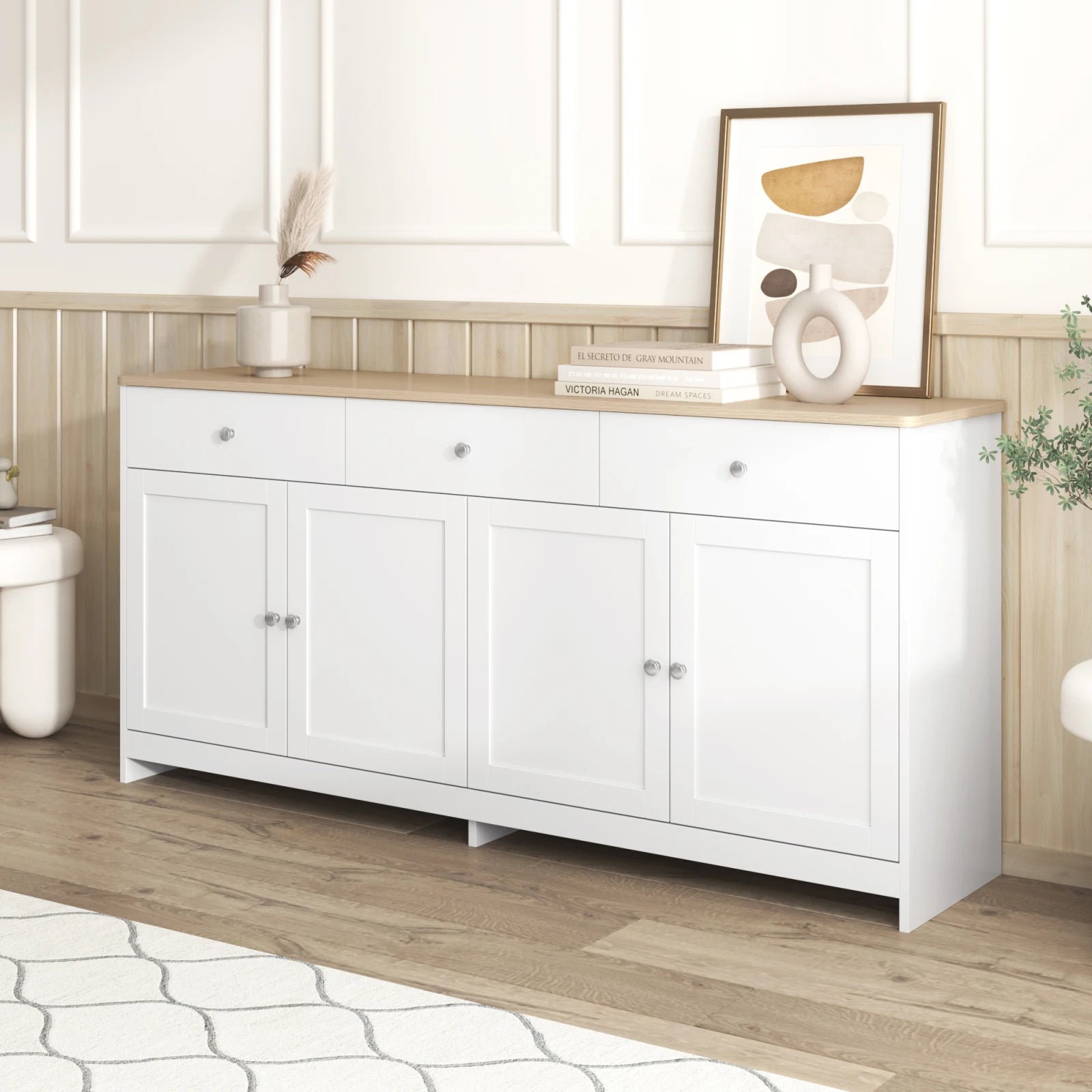 Anajqaqia Sideboard, Storage Cabinet, Multifunctional Cabinet with 4 Doors and 3 Drawers, Suitable for Living Room, White