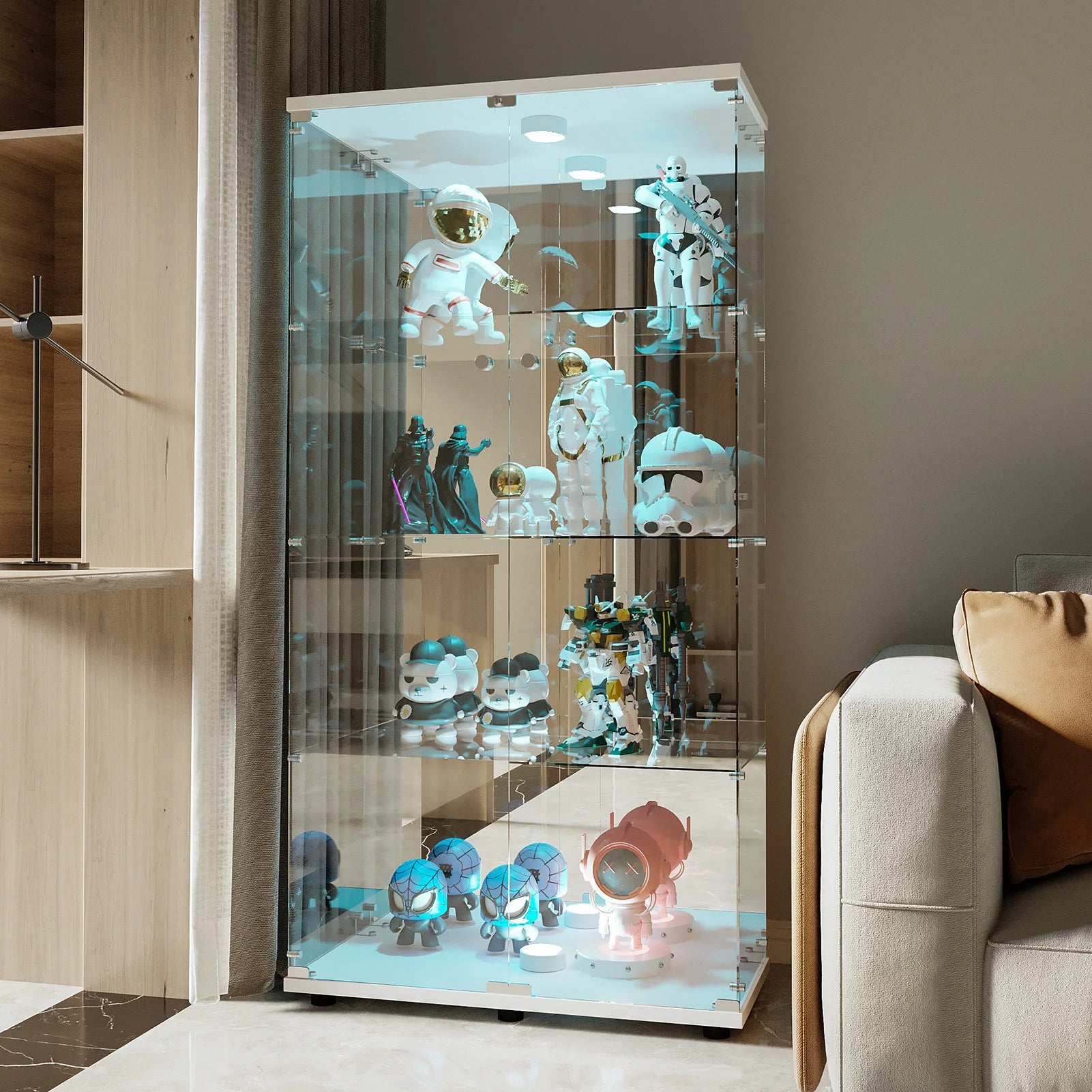 Comanlai 4-Layer Glass Display Cabinet,with LED Lighting, Lock and 2 Doors,Collector's Display Case,for Living Room and Bedroom