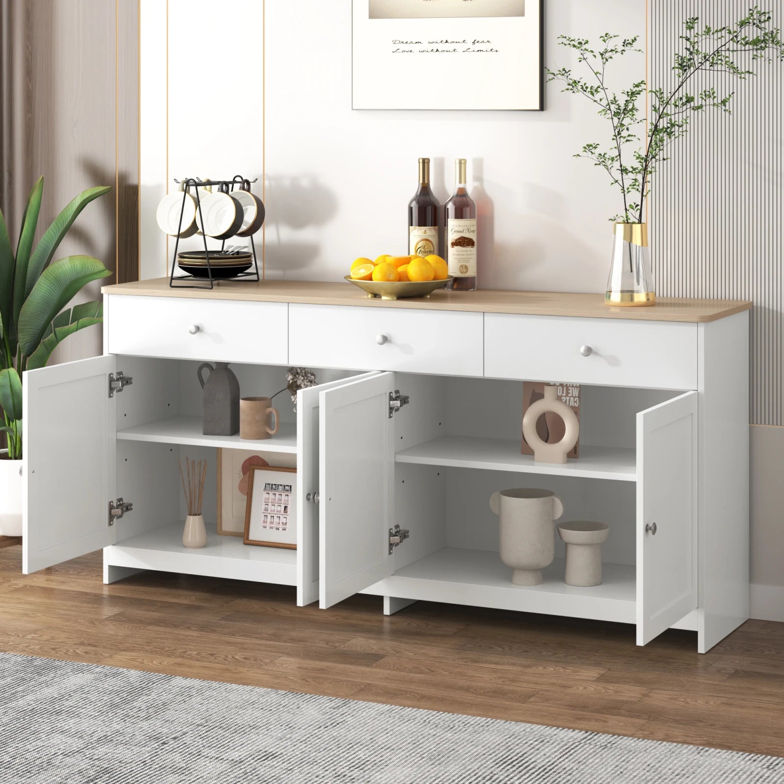 Anajqaqia Sideboard, Storage Cabinet, Multifunctional Cabinet with 4 Doors and 3 Drawers, Suitable for Living Room, White
