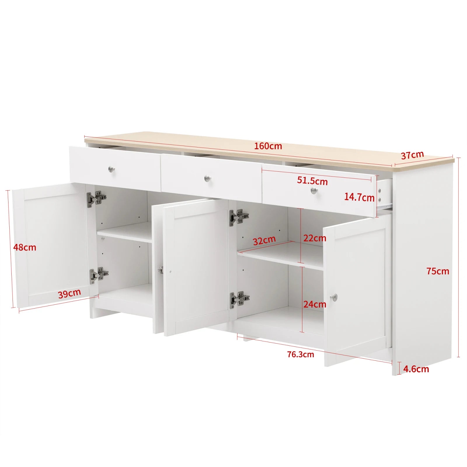 Anajqaqia Sideboard, Storage Cabinet, Multifunctional Cabinet with 4 Doors and 3 Drawers, Suitable for Living Room, White