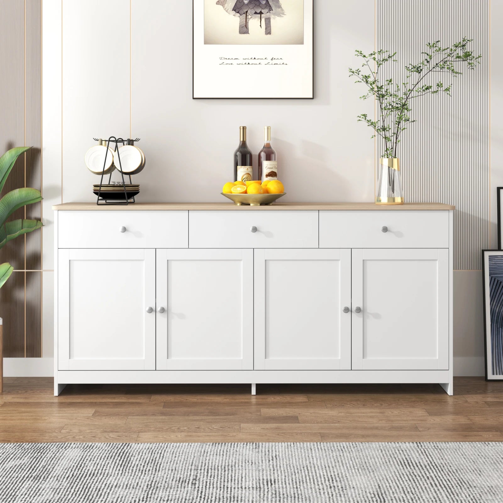 Anajqaqia Sideboard, Storage Cabinet, Multifunctional Cabinet with 4 Doors and 3 Drawers, Suitable for Living Room, White
