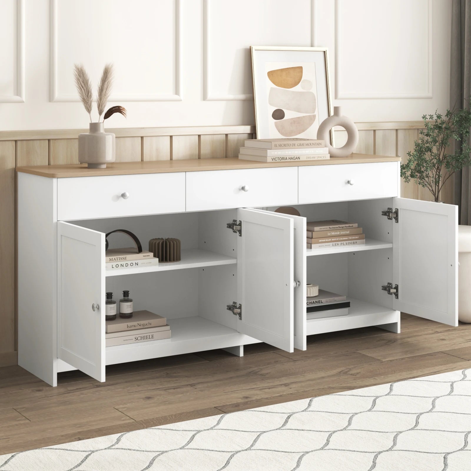 Anajqaqia Sideboard, Storage Cabinet, Multifunctional Cabinet with 4 Doors and 3 Drawers, Suitable for Living Room, White