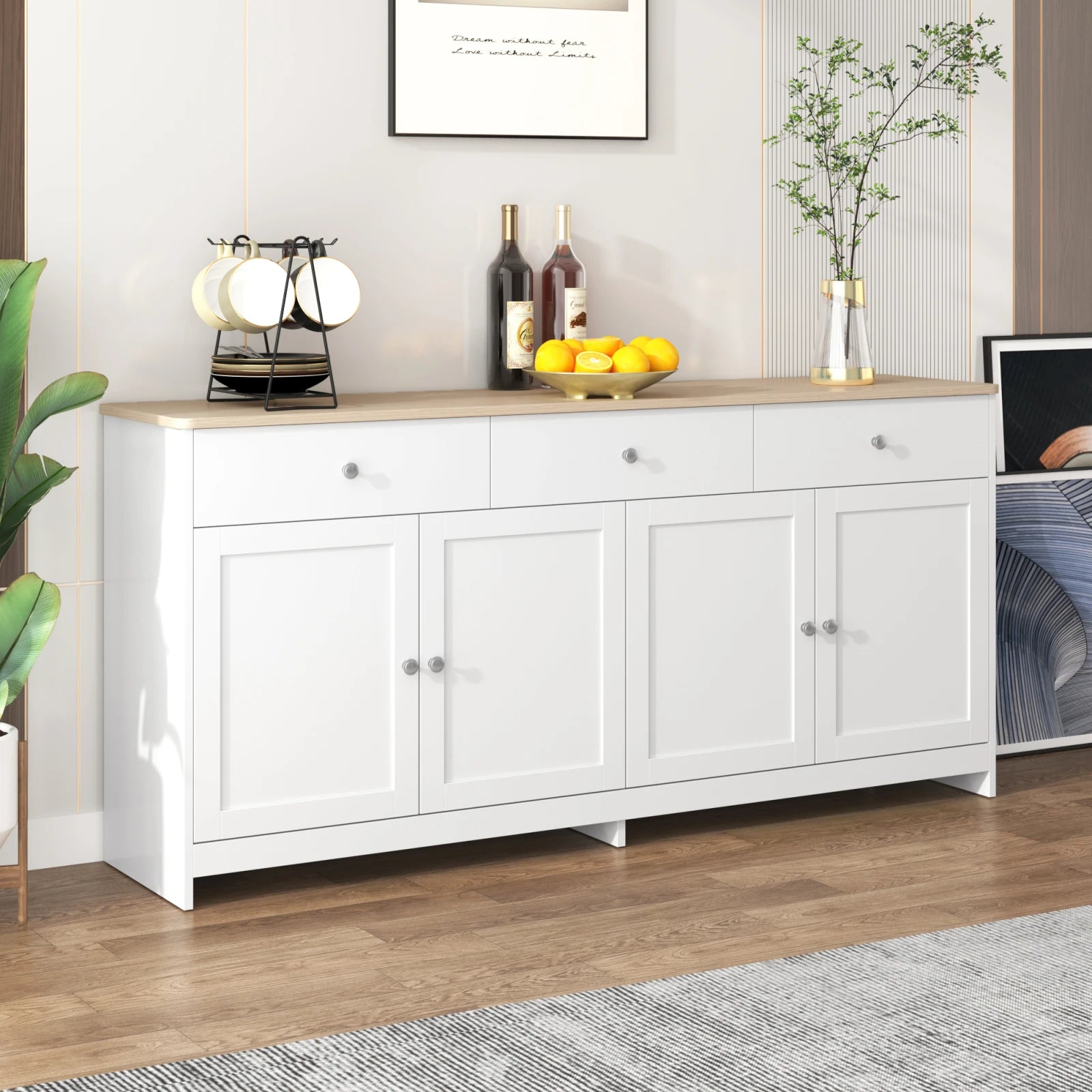 Anajqaqia Sideboard, Storage Cabinet, Multifunctional Cabinet with 4 Doors and 3 Drawers, Suitable for Living Room, White