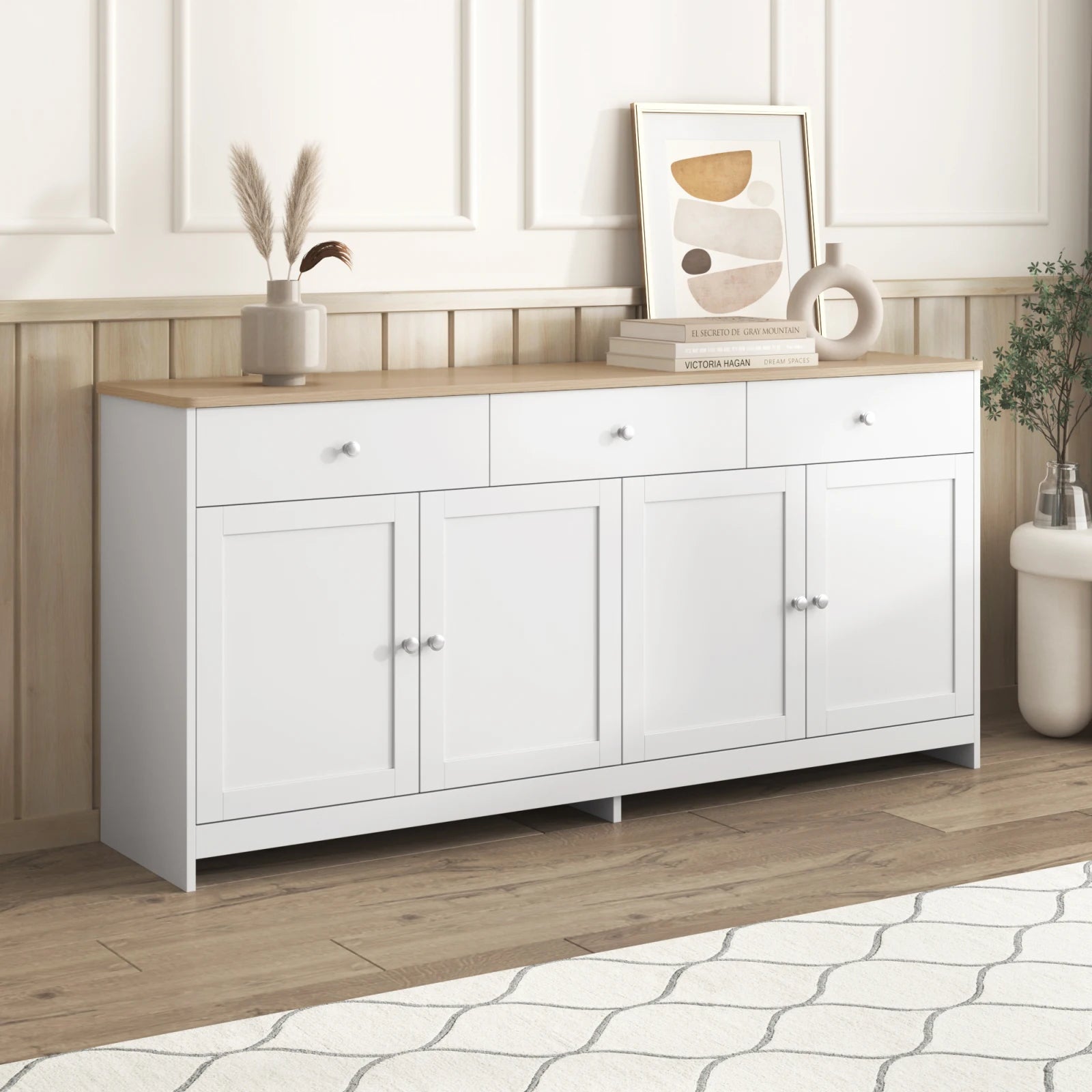 Anajqaqia Sideboard, Storage Cabinet, Multifunctional Cabinet with 4 Doors and 3 Drawers, Suitable for Living Room, White