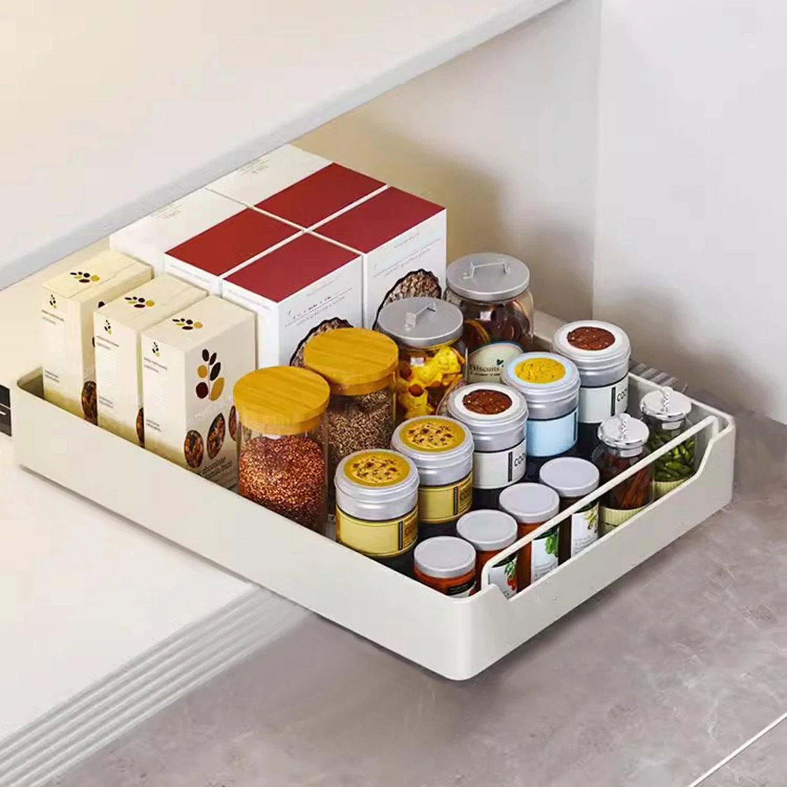 Pull Out Cabinet Organizer Fixed with Damping Guide, Heavy Duty Sliding Drawer Noiseless Slide Out Pantry Shelves For Kitchen