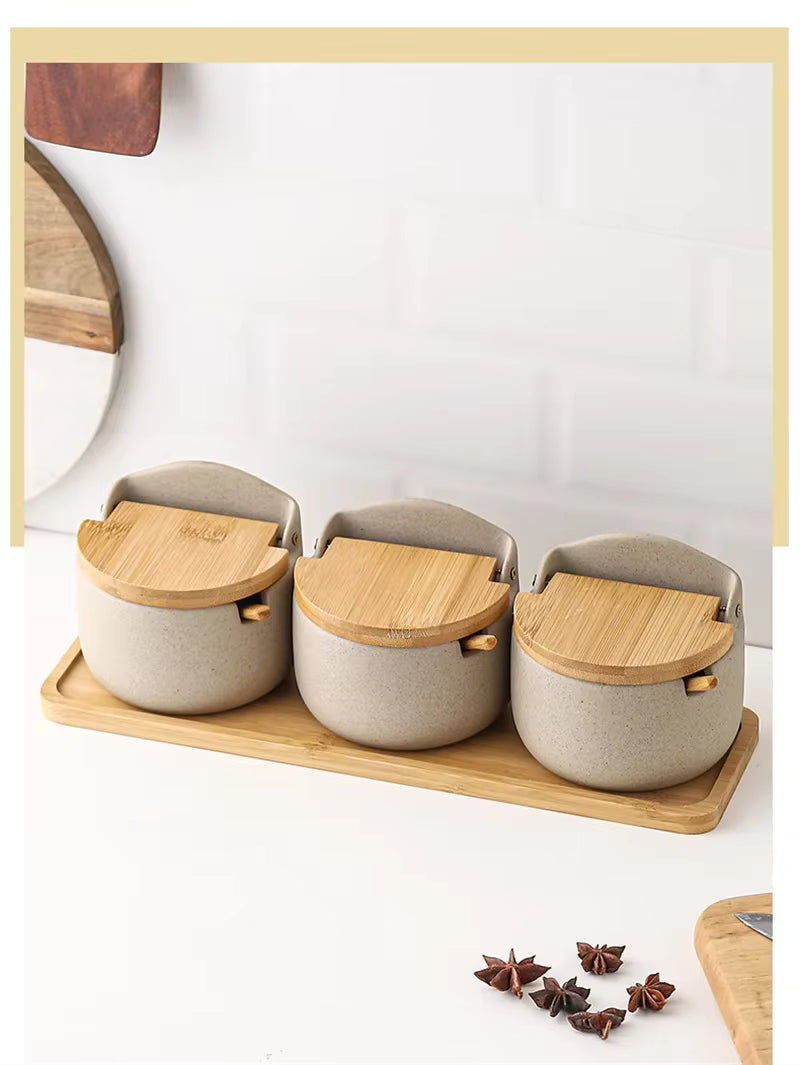 Japanese Style Ceramic Seasoning Jar with Bamboo lid +  Spoon / Kitchen Sugar Salt Spices Storage Box Household Container