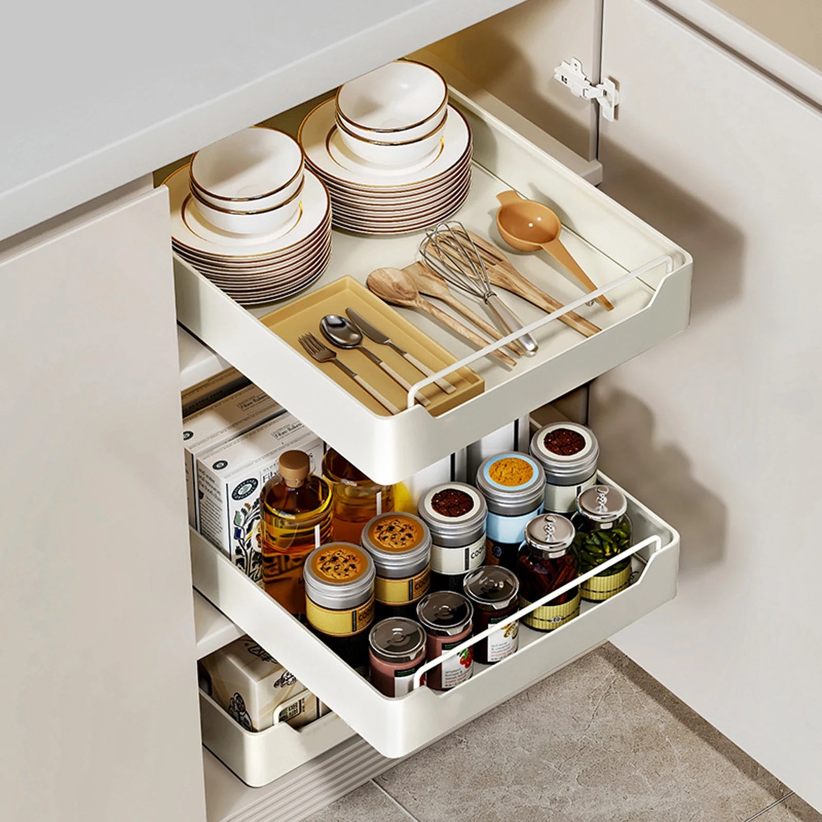 Pull Out Cabinet Organizer Fixed with Damping Guide, Heavy Duty Sliding Drawer Noiseless Slide Out Pantry Shelves For Kitchen