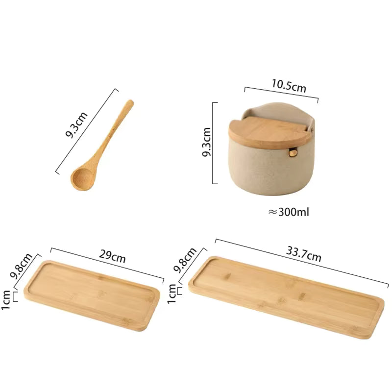Japanese Style Ceramic Seasoning Jar with Bamboo lid +  Spoon / Kitchen Sugar Salt Spices Storage Box Household Container