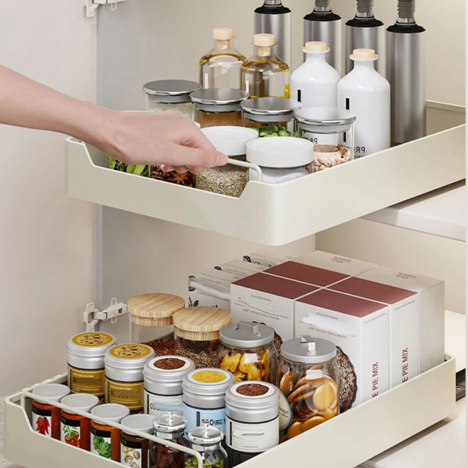 Pull Out Cabinet Organizer Fixed with Damping Guide, Heavy Duty Sliding Drawer Noiseless Slide Out Pantry Shelves For Kitchen