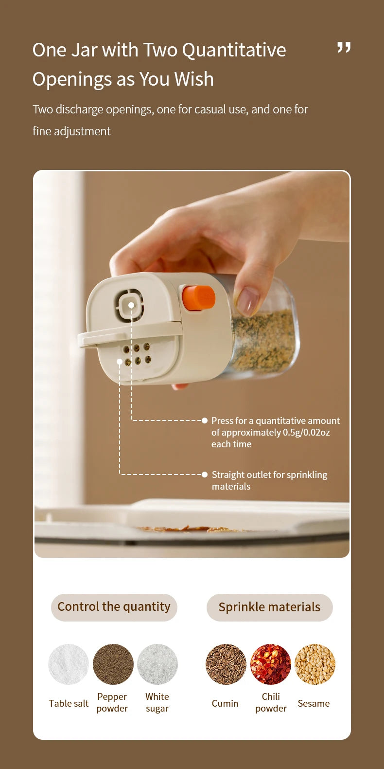 180ml Multi-Functional Quantitative Seasoning Pot, Press-Type Glass Seasoning Bottle, Kitchen Salt Jar, Spice & Pepper Shakers