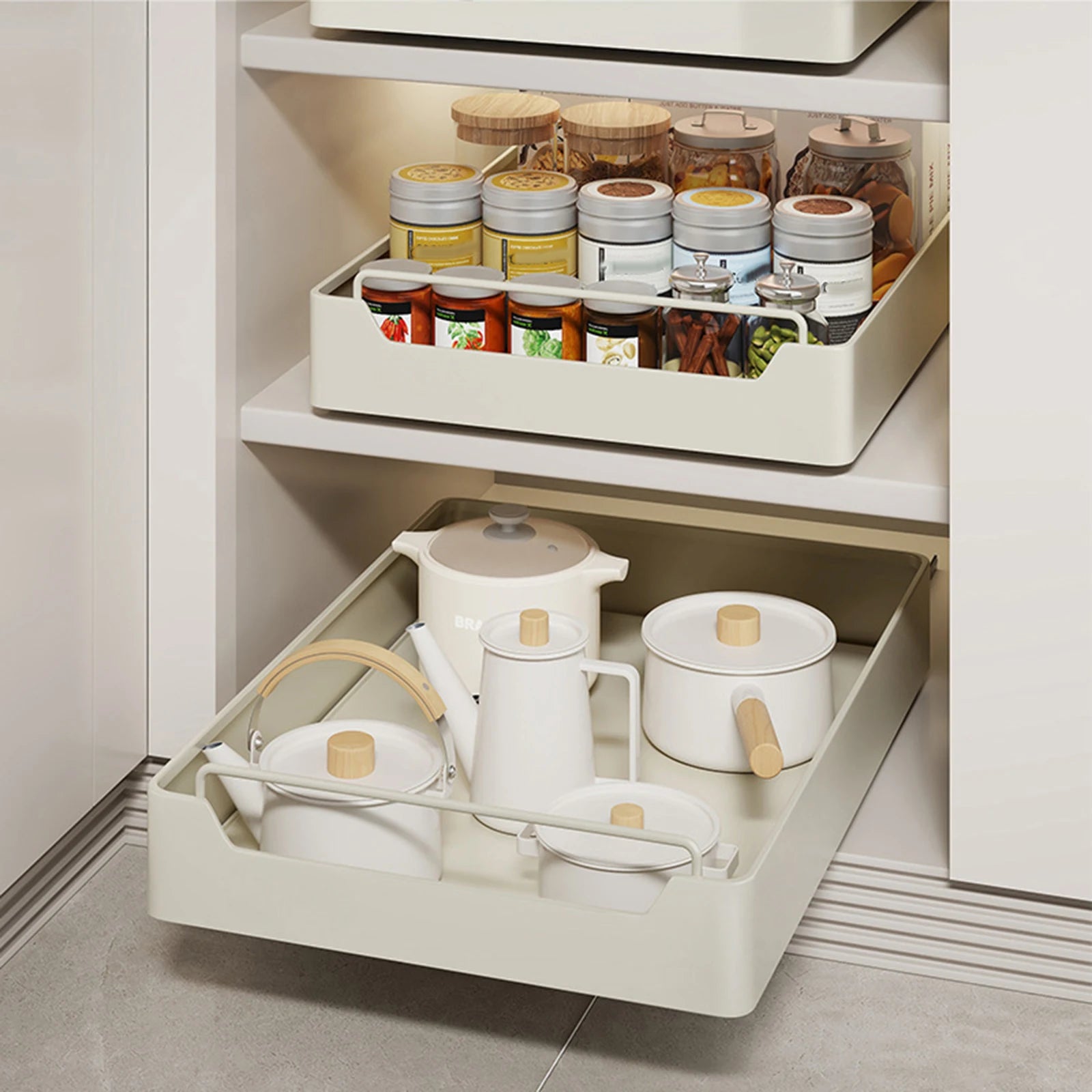 Pull Out Cabinet Organizer Fixed with Damping Guide, Heavy Duty Sliding Drawer Noiseless Slide Out Pantry Shelves For Kitchen