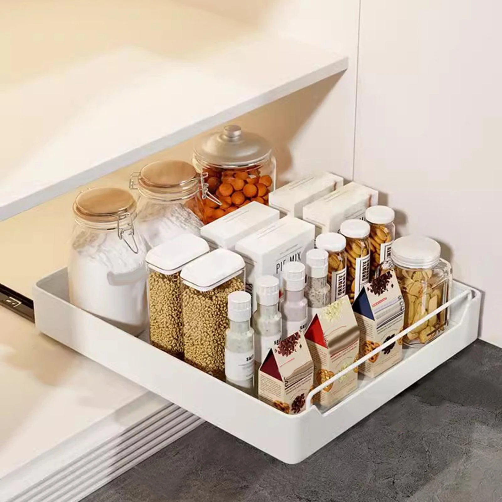 Pull Out Cabinet Organizer Fixed with Damping Guide, Heavy Duty Sliding Drawer Noiseless Slide Out Pantry Shelves For Kitchen