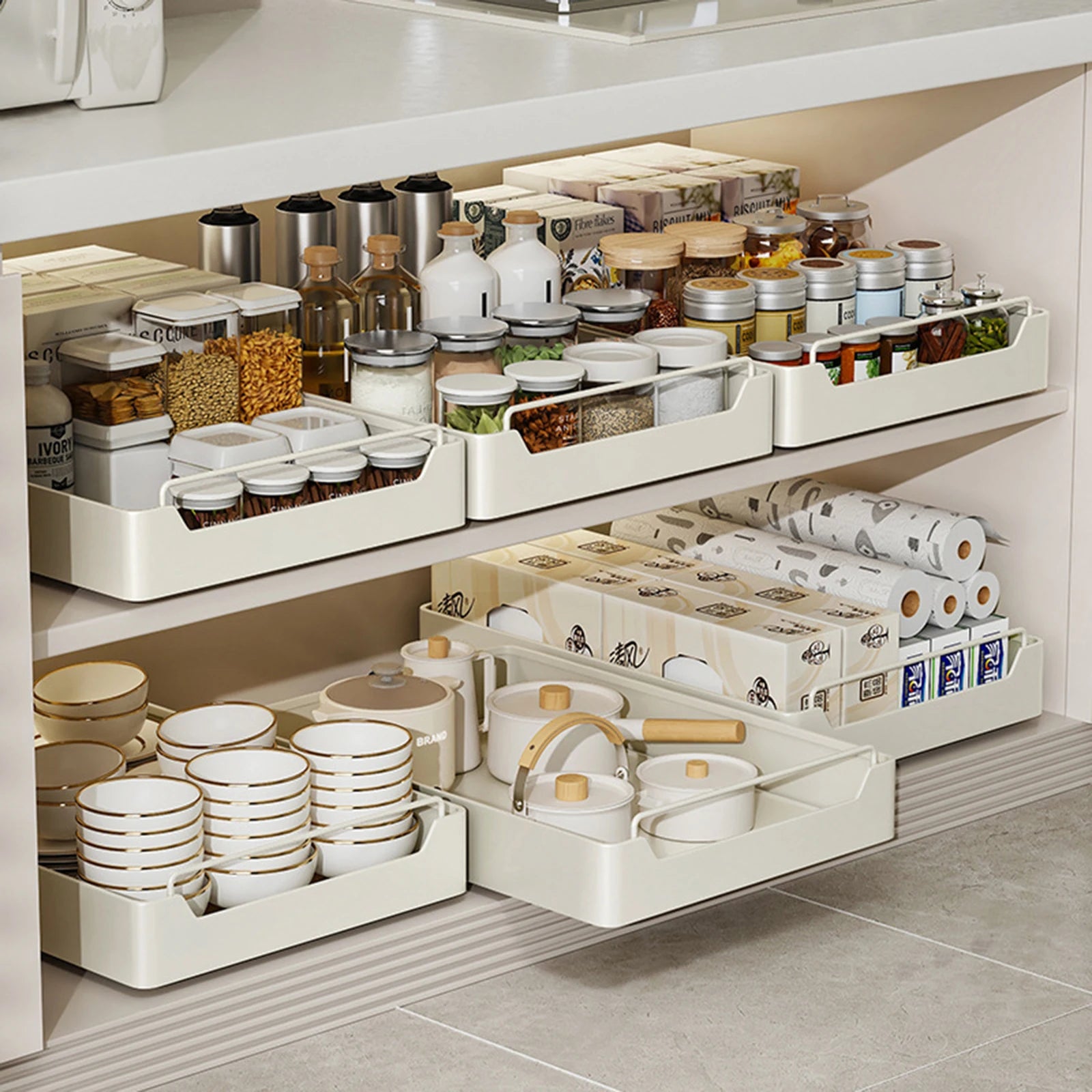 Pull Out Cabinet Organizer Fixed with Damping Guide, Heavy Duty Sliding Drawer Noiseless Slide Out Pantry Shelves For Kitchen