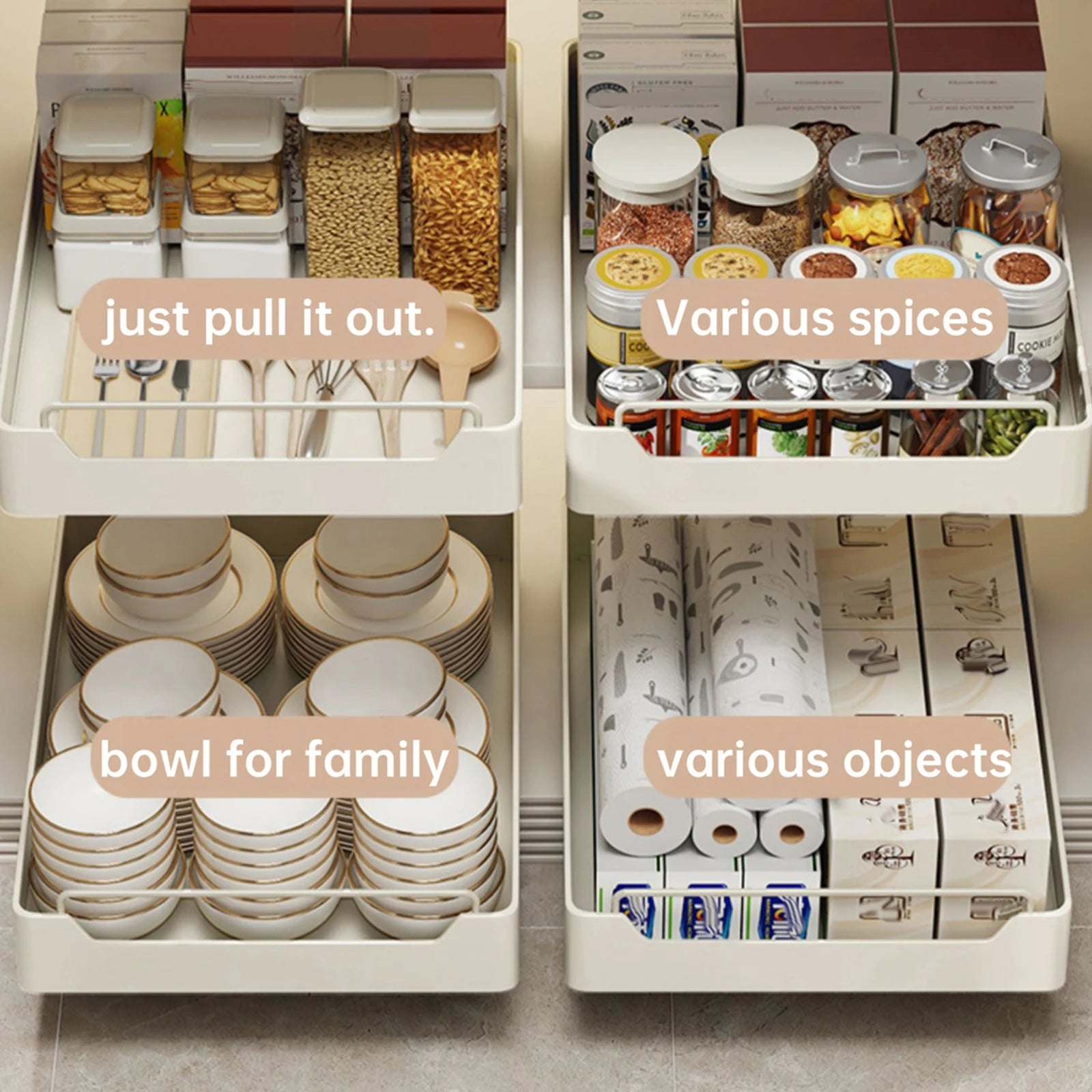 Pull Out Cabinet Organizer Fixed with Damping Guide, Heavy Duty Sliding Drawer Noiseless Slide Out Pantry Shelves For Kitchen