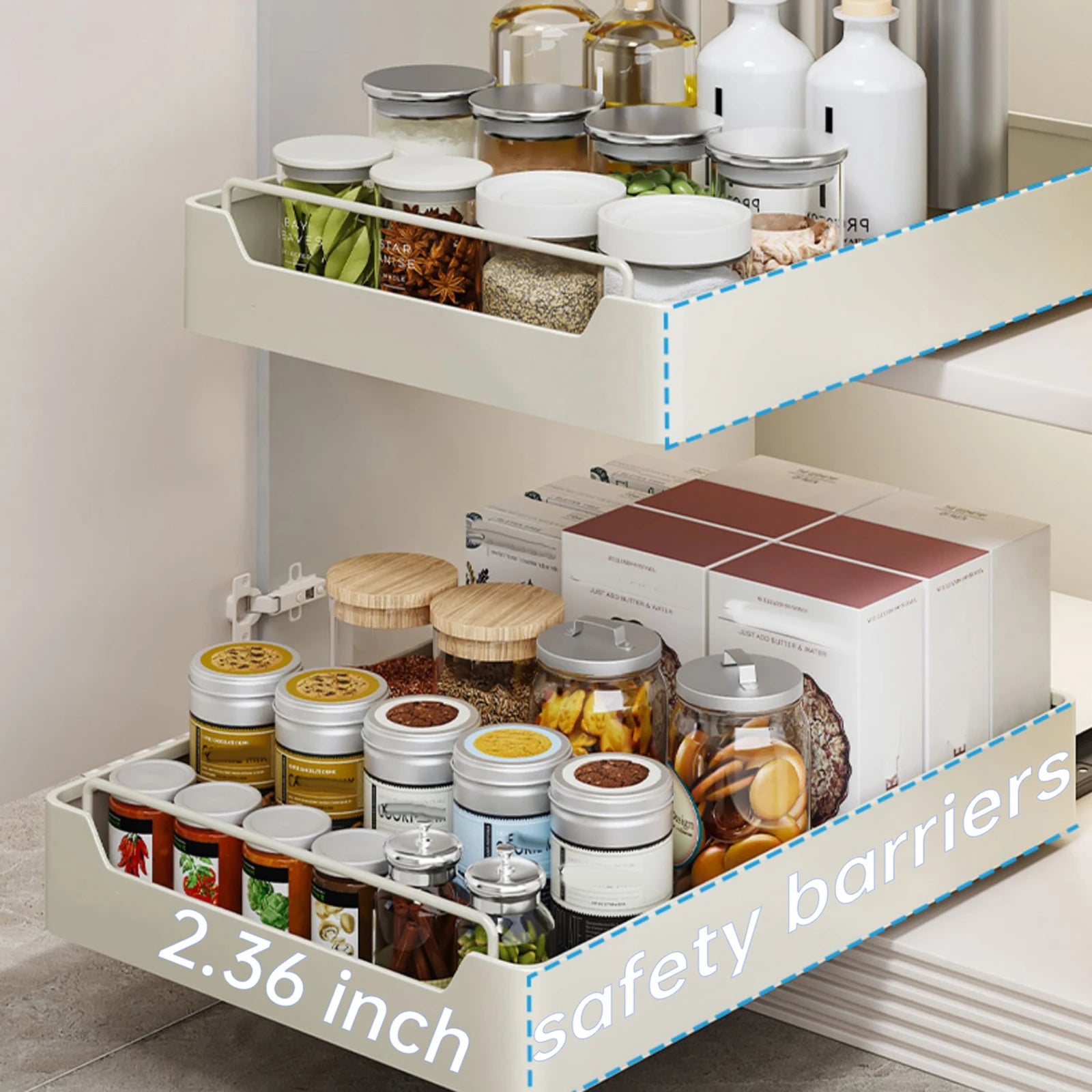 Pull Out Cabinet Organizer Fixed with Damping Guide, Heavy Duty Sliding Drawer Noiseless Slide Out Pantry Shelves For Kitchen