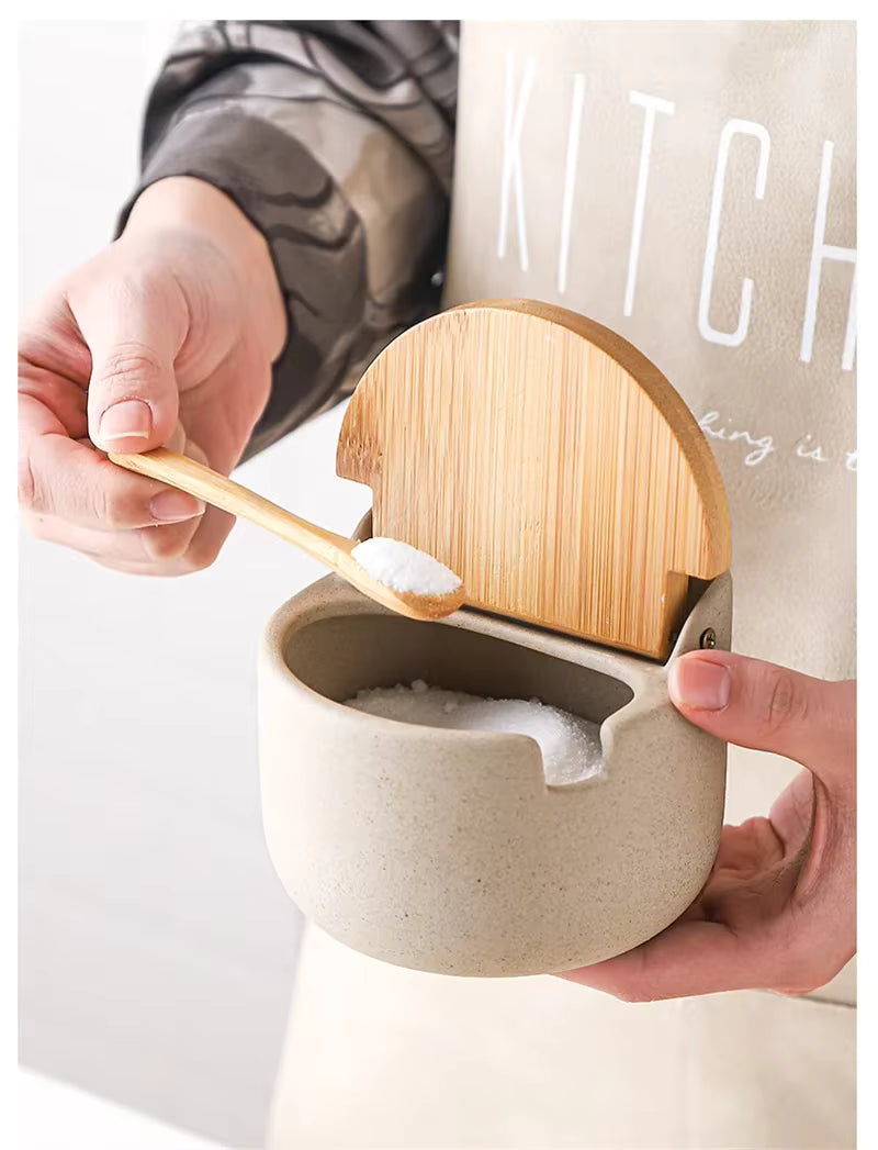 Japanese Style Ceramic Seasoning Jar with Bamboo lid +  Spoon / Kitchen Sugar Salt Spices Storage Box Household Container