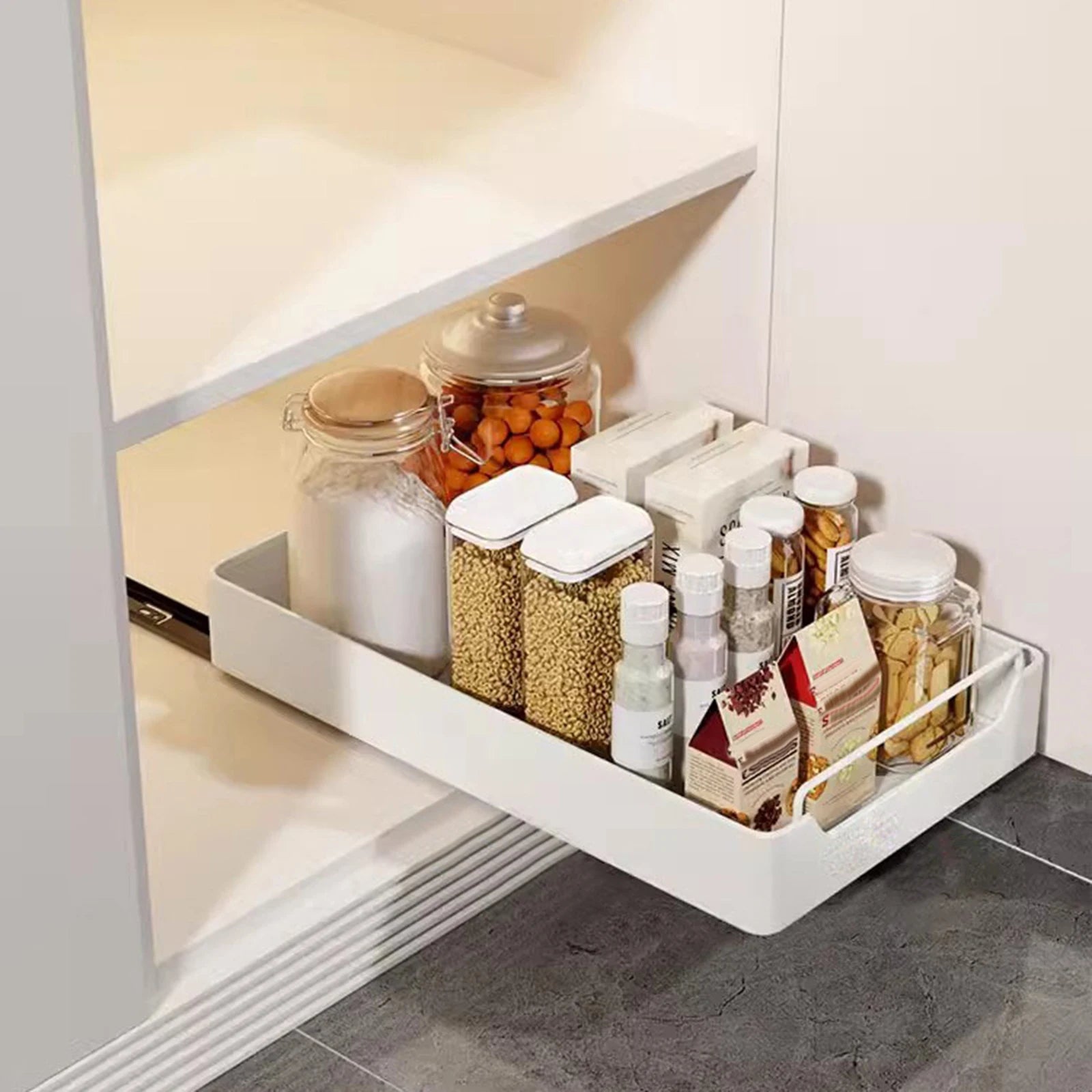 Pull Out Cabinet Organizer Fixed with Damping Guide, Heavy Duty Sliding Drawer Noiseless Slide Out Pantry Shelves For Kitchen