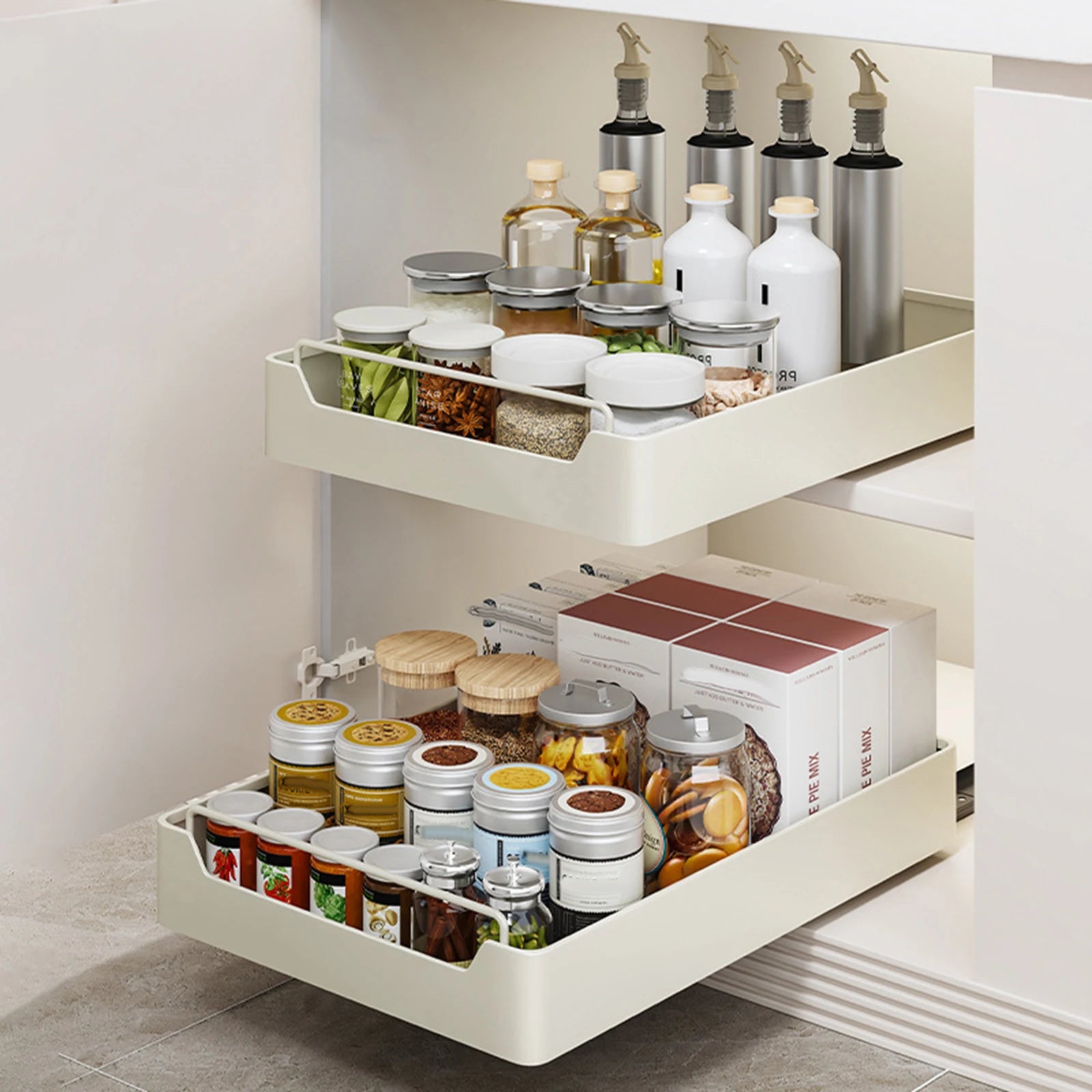 Pull Out Cabinet Organizer Fixed with Damping Guide, Heavy Duty Sliding Drawer Noiseless Slide Out Pantry Shelves For Kitchen