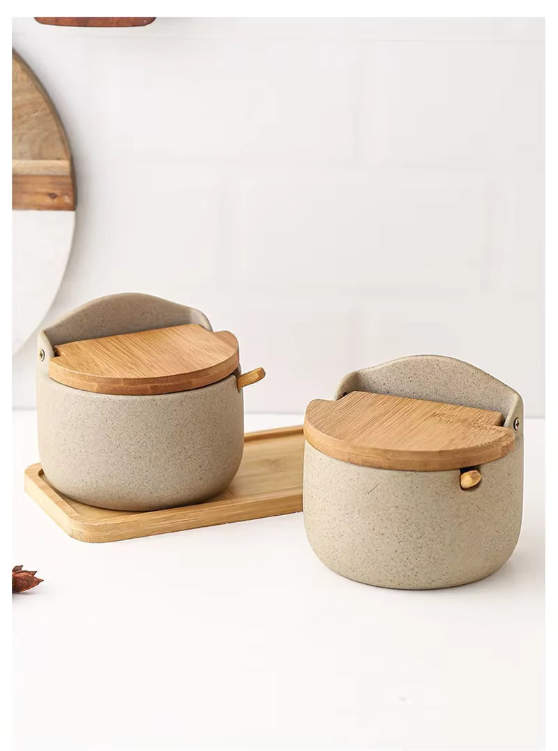 Japanese Style Ceramic Seasoning Jar with Bamboo lid +  Spoon / Kitchen Sugar Salt Spices Storage Box Household Container