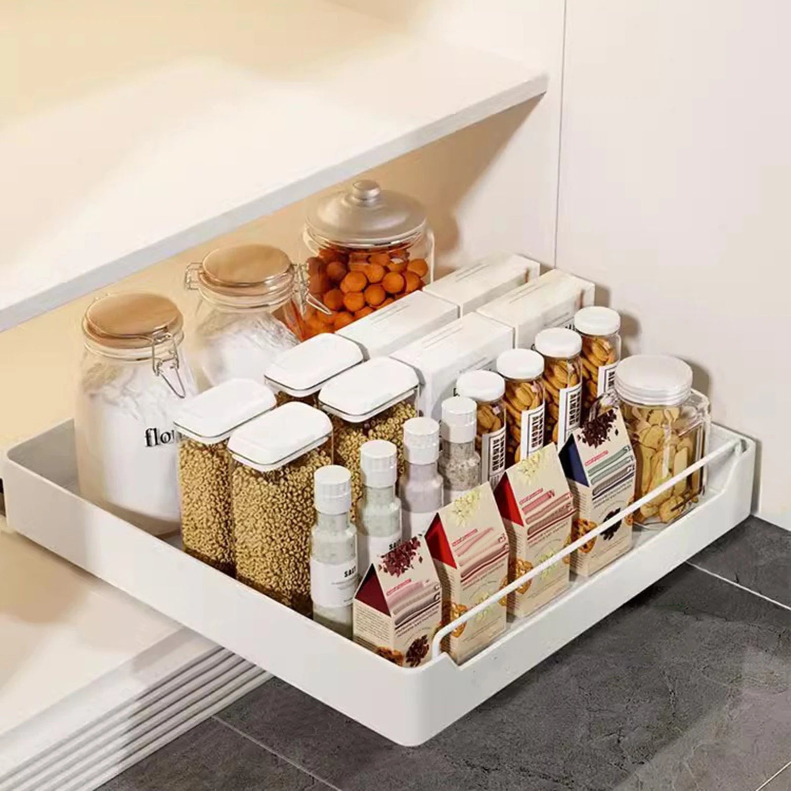 Pull Out Cabinet Organizer Fixed with Damping Guide, Heavy Duty Sliding Drawer Noiseless Slide Out Pantry Shelves For Kitchen