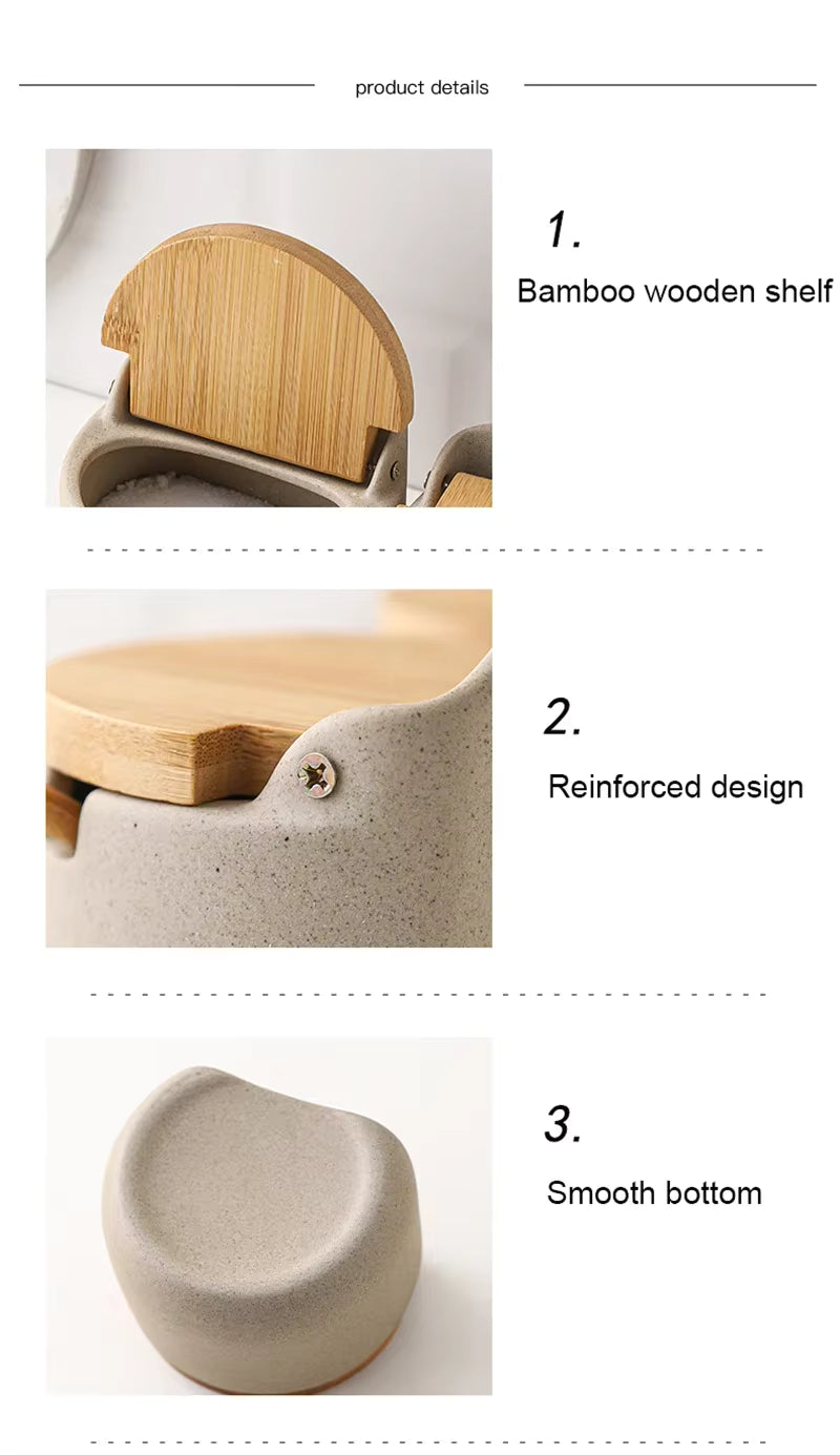 Japanese Style Ceramic Seasoning Jar with Bamboo lid +  Spoon / Kitchen Sugar Salt Spices Storage Box Household Container