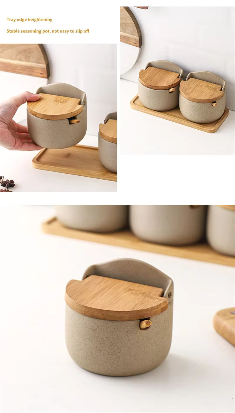 Japanese Style Ceramic Seasoning Jar with Bamboo lid +  Spoon / Kitchen Sugar Salt Spices Storage Box Household Container