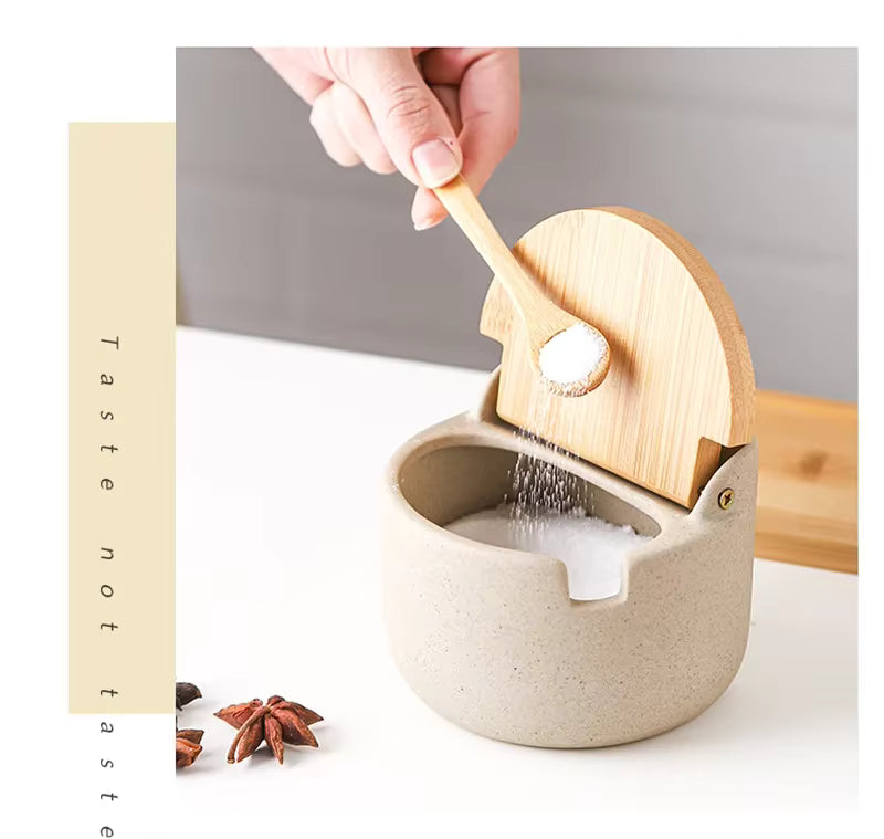 Japanese Style Ceramic Seasoning Jar with Bamboo lid +  Spoon / Kitchen Sugar Salt Spices Storage Box Household Container