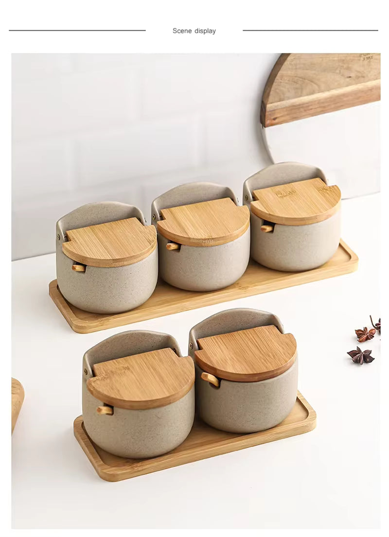 Japanese Style Ceramic Seasoning Jar with Bamboo lid +  Spoon / Kitchen Sugar Salt Spices Storage Box Household Container