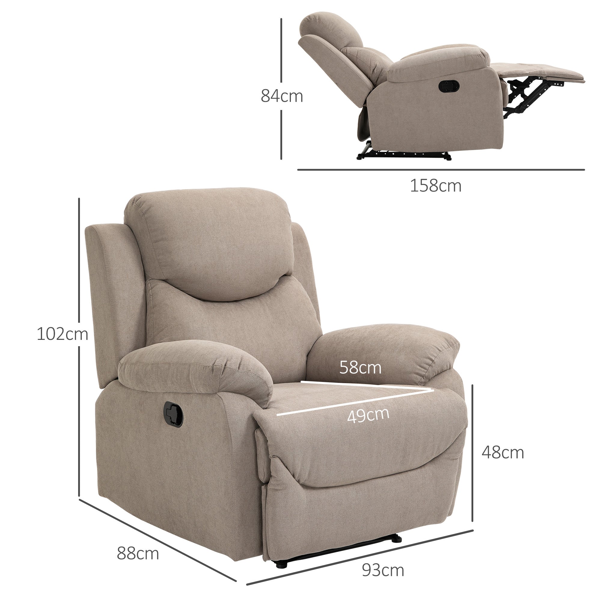Manual Recliner Relax Chair with Armrests and Footrest Load 150 kg for Living Room Bedroom Beige
