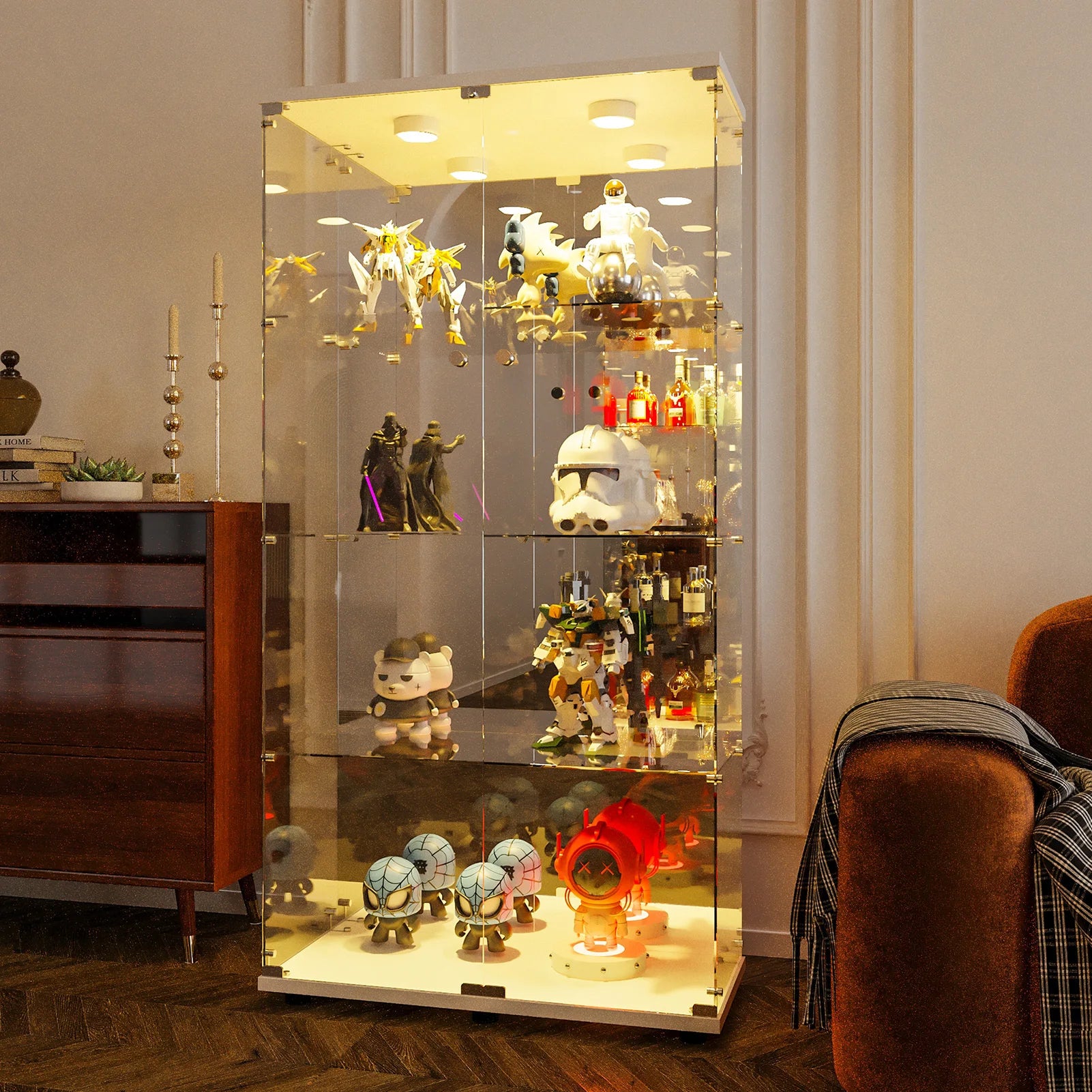 Comanlai 4-Layer Glass Display Cabinet,with LED Lighting, Lock and 2 Doors,Collector's Display Case,for Living Room and Bedroom
