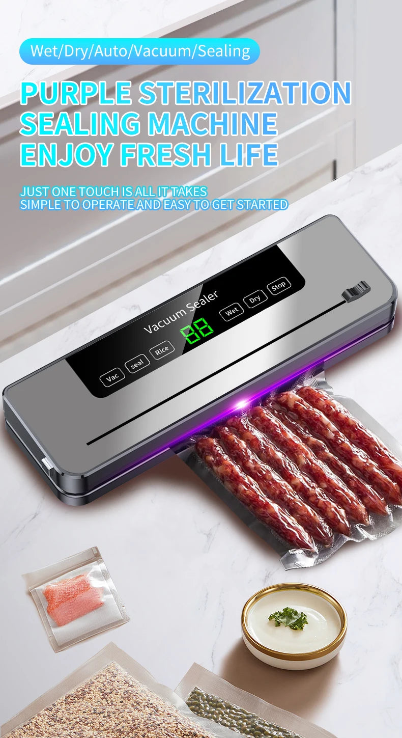 Electric Vacuum Sealer Dry/Wet Food Sealed Packaging Kitchen Food Storage Seal UV Sterilization Built-in Cutter Knife
