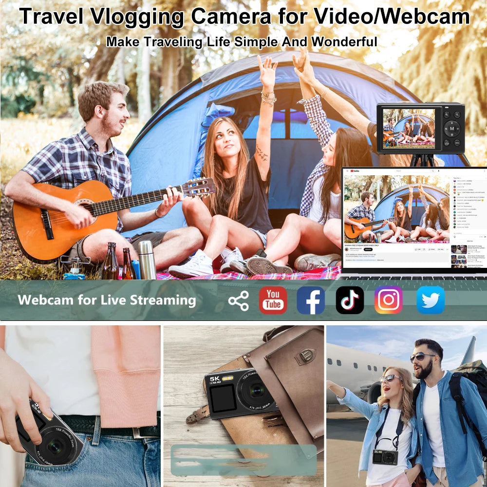 Ourlife Digital Camera CCD Dual Screen Portable Digital Camera 18X Zoom 5K Vintage Vlog Video Recorder 80MP CCD Selfie Camera