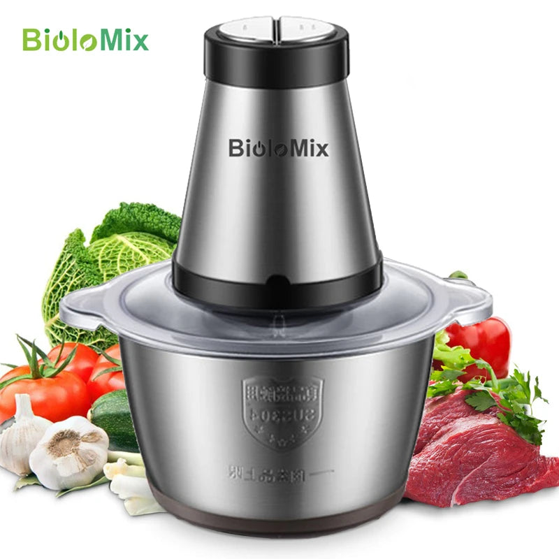 BioloMix 2 Speeds 500W Stainless steel 2L Capacity Electric Chopper Meat Grinder Mincer Food Processor Slicer