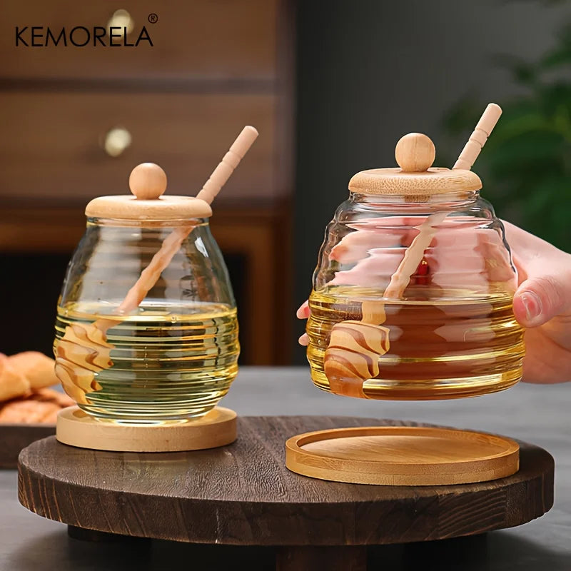 KEMORELA Glass Honeycomb Tank Kitchen Tools Honey Storage Container with Dipper and Lid Honey Bottle for Wedding Party Dining