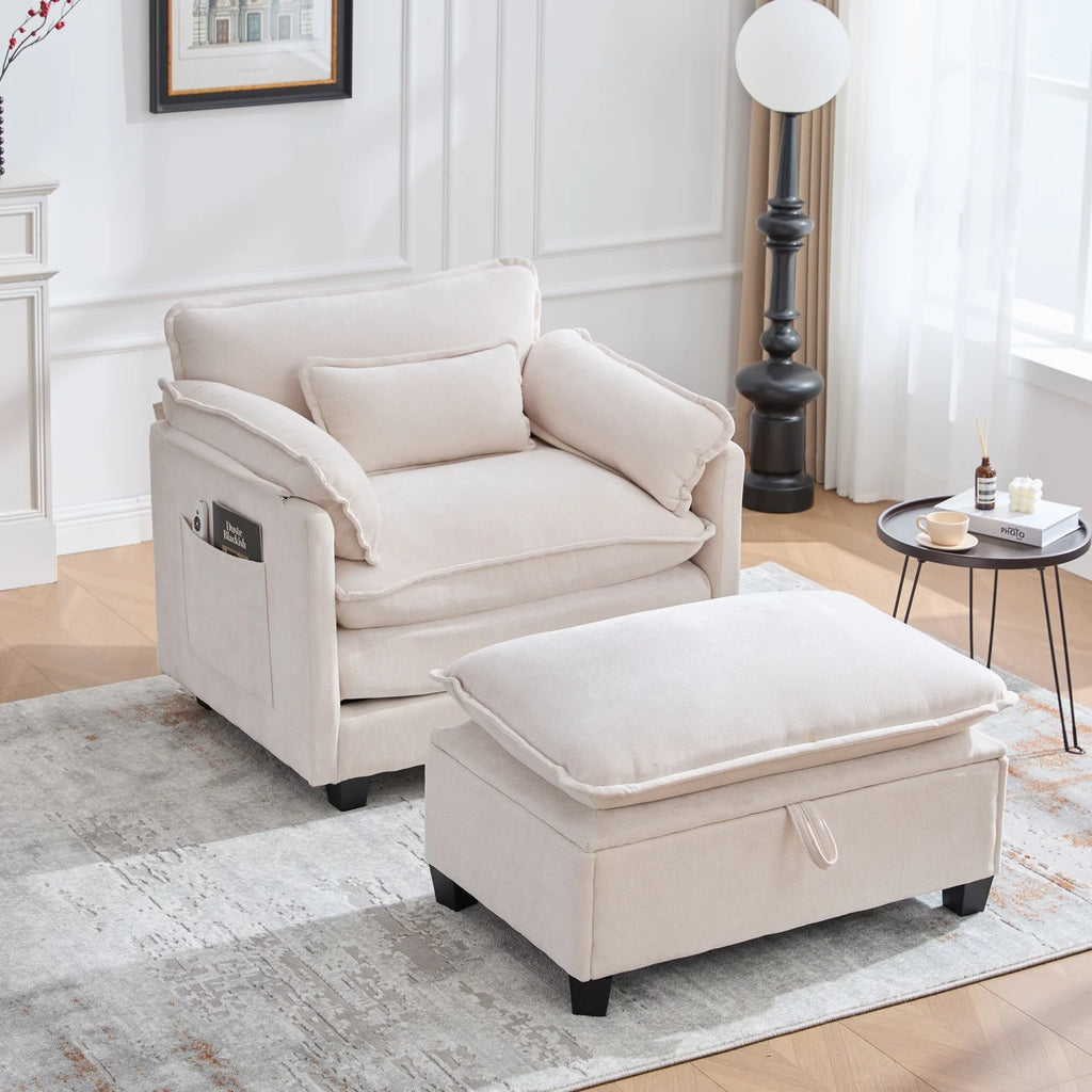 armchair with footrest and stool, velvet lounge chair with side pockets and pillows, comfortable reading chair for living room