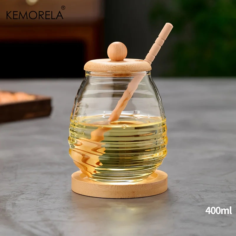 KEMORELA Glass Honeycomb Tank Kitchen Tools Honey Storage Container with Dipper and Lid Honey Bottle for Wedding Party Dining