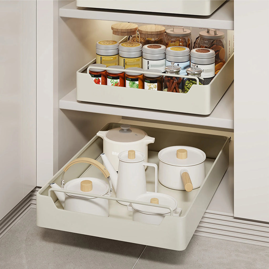 Pull Out Cabinet Organizer Fixed with Damping Guide, Heavy Duty Sliding Drawer Noiseless Slide Out Pantry Shelves For Kitchen
