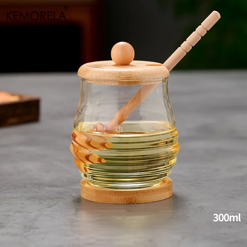 KEMORELA Glass Honeycomb Tank Kitchen Tools Honey Storage Container with Dipper and Lid Honey Bottle for Wedding Party Dining