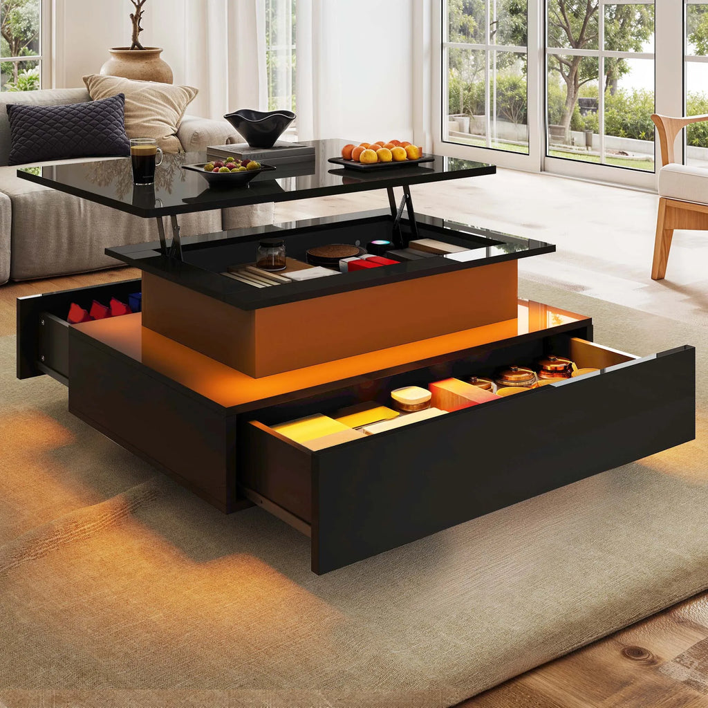 YITAHOME Lift-Top Coffee Table - Rectangular Modern Design with 16-Color LED Lighting & 2 Drawers, Elevated Lighted Surface