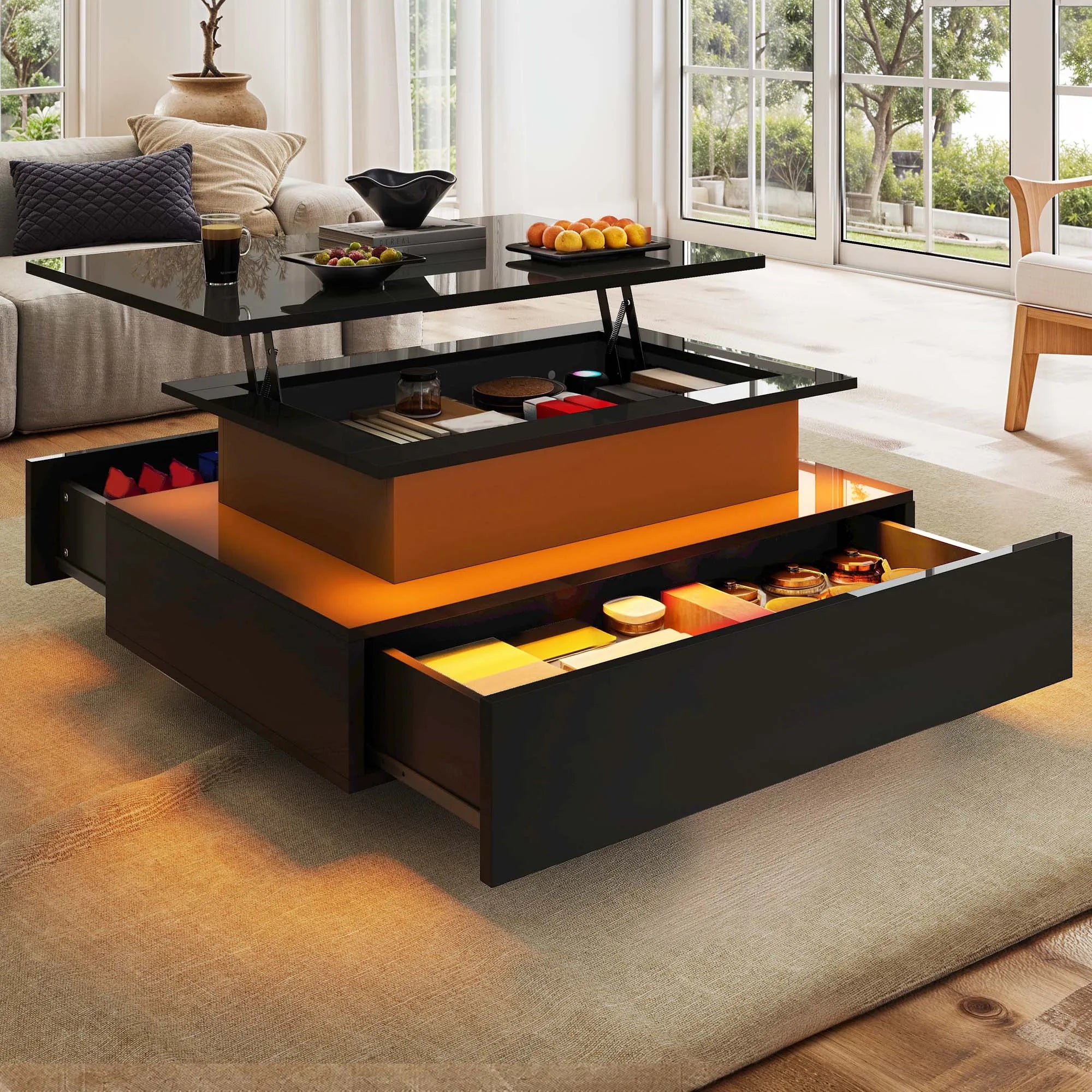 YITAHOME Lift-Top Coffee Table - Rectangular Modern Design with 16-Color LED Lighting & 2 Drawers, Elevated Lighted Surface
