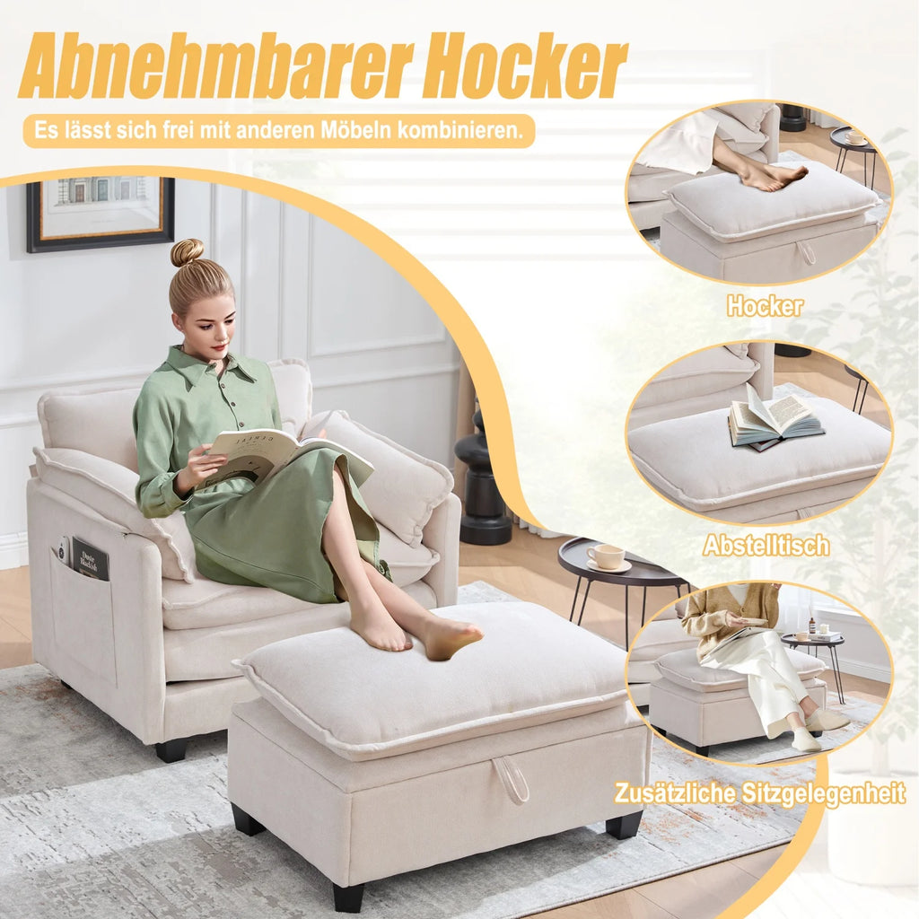 armchair with footrest and stool, velvet lounge chair with side pockets and pillows, comfortable reading chair for living room