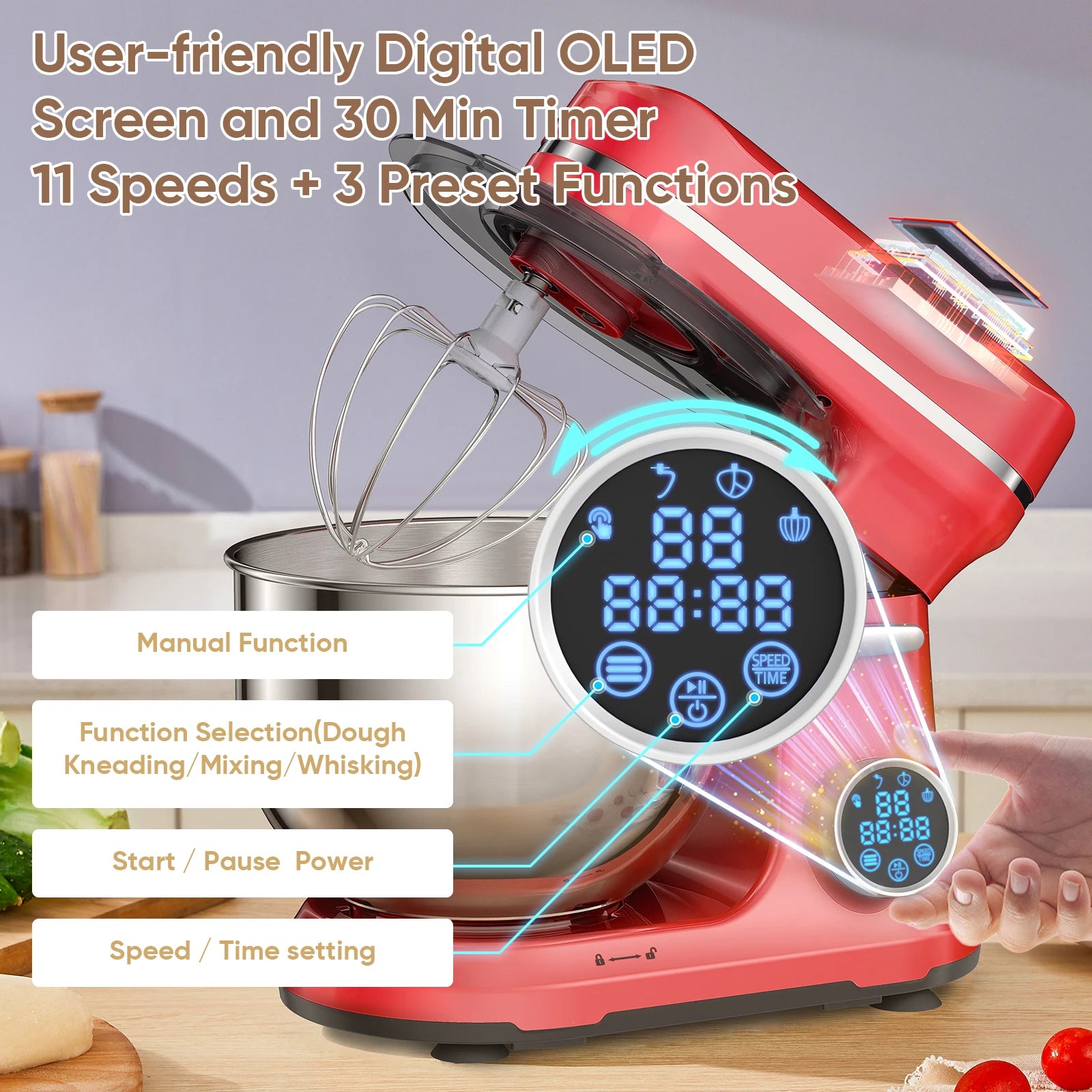 BioloMix Kitchen Food Stand Mixer, 1200W 11-Speeds DC Motor, Digital OLED Screen, Electric Food Mixer with Dough Hook, Whisk