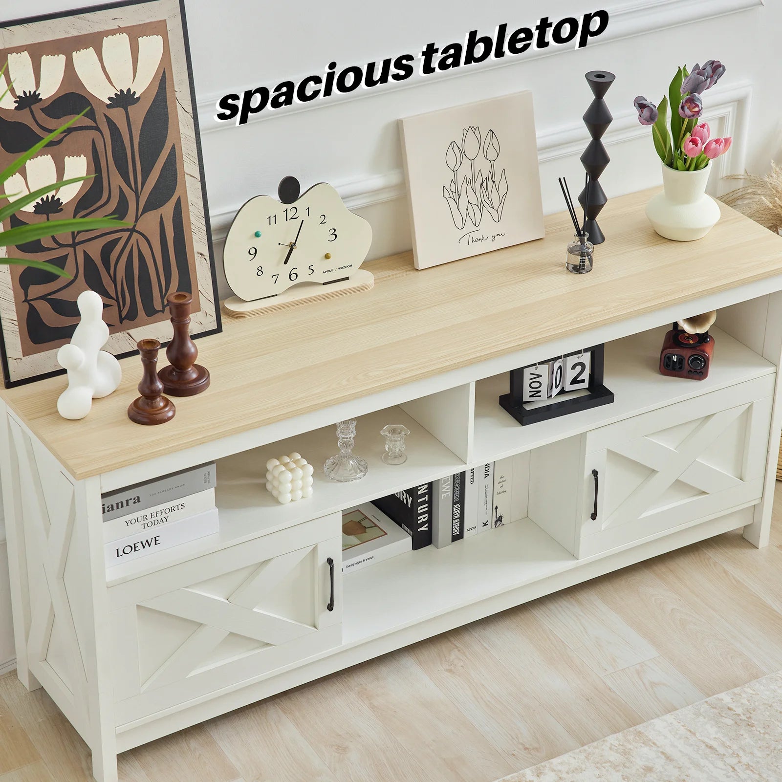 REDLIFE TV Stand for TVs Up to 65 inches Entertainment Center w/ Power Outlet Storage Cabinet Three Open Shelves for Living Room