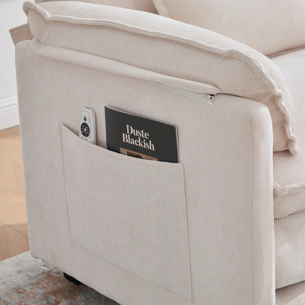 armchair with footrest and stool, velvet lounge chair with side pockets and pillows, comfortable reading chair for living room