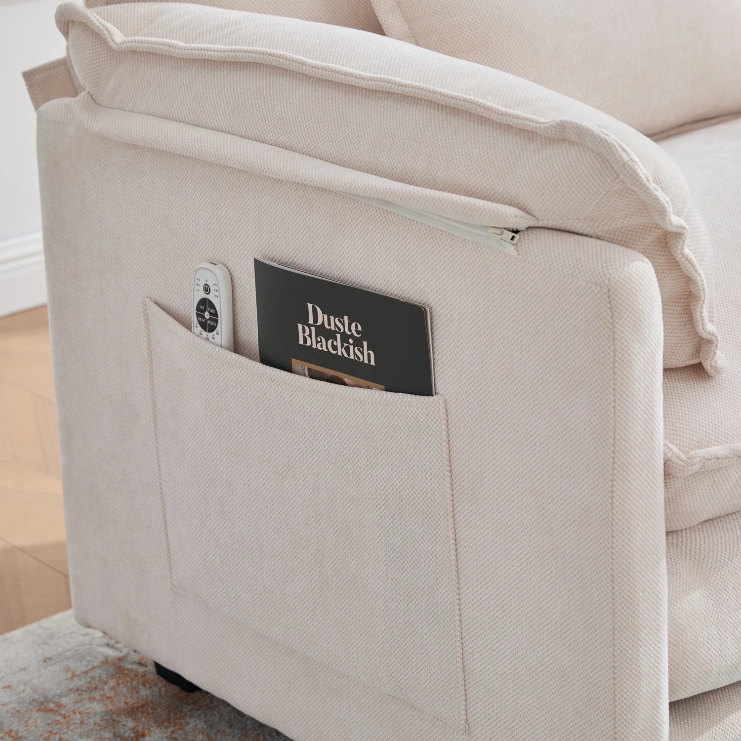 armchair with footrest and stool, velvet lounge chair with side pockets and pillows, comfortable reading chair for living room