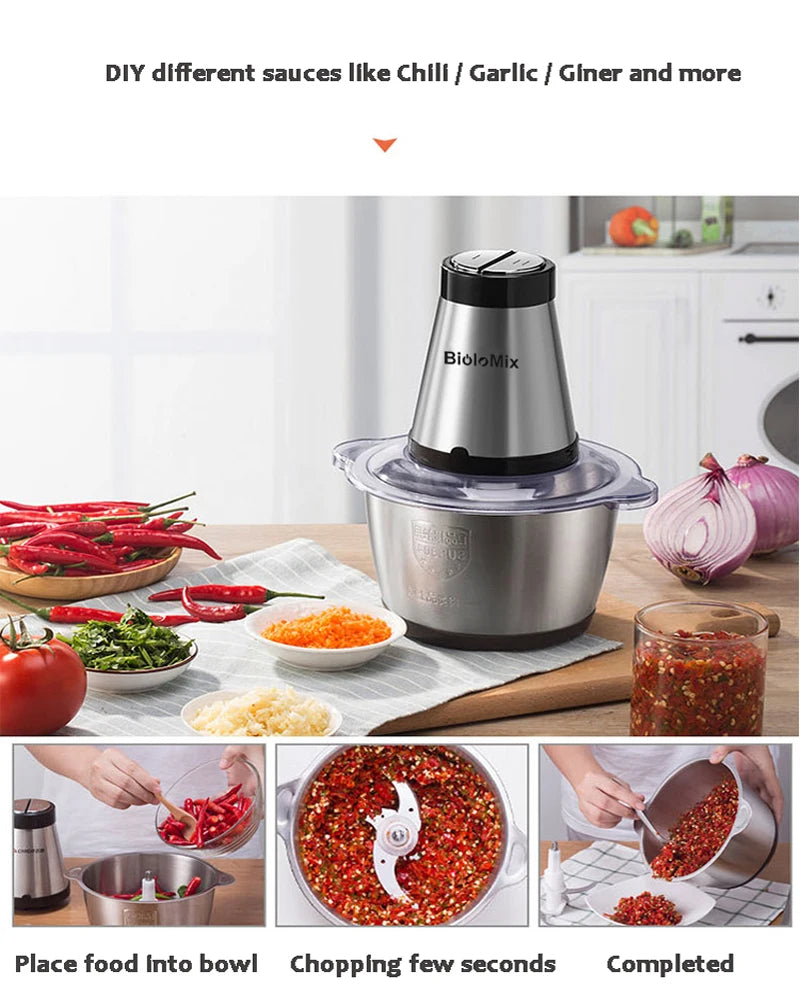 BioloMix 2 Speeds 500W Stainless steel 2L Capacity Electric Chopper Meat Grinder Mincer Food Processor Slicer