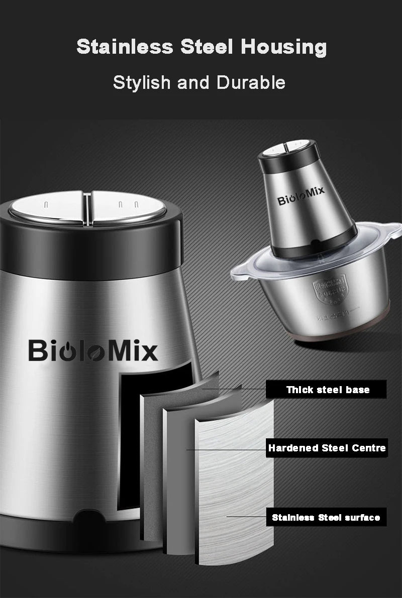 BioloMix 2 Speeds 500W Stainless steel 2L Capacity Electric Chopper Meat Grinder Mincer Food Processor Slicer